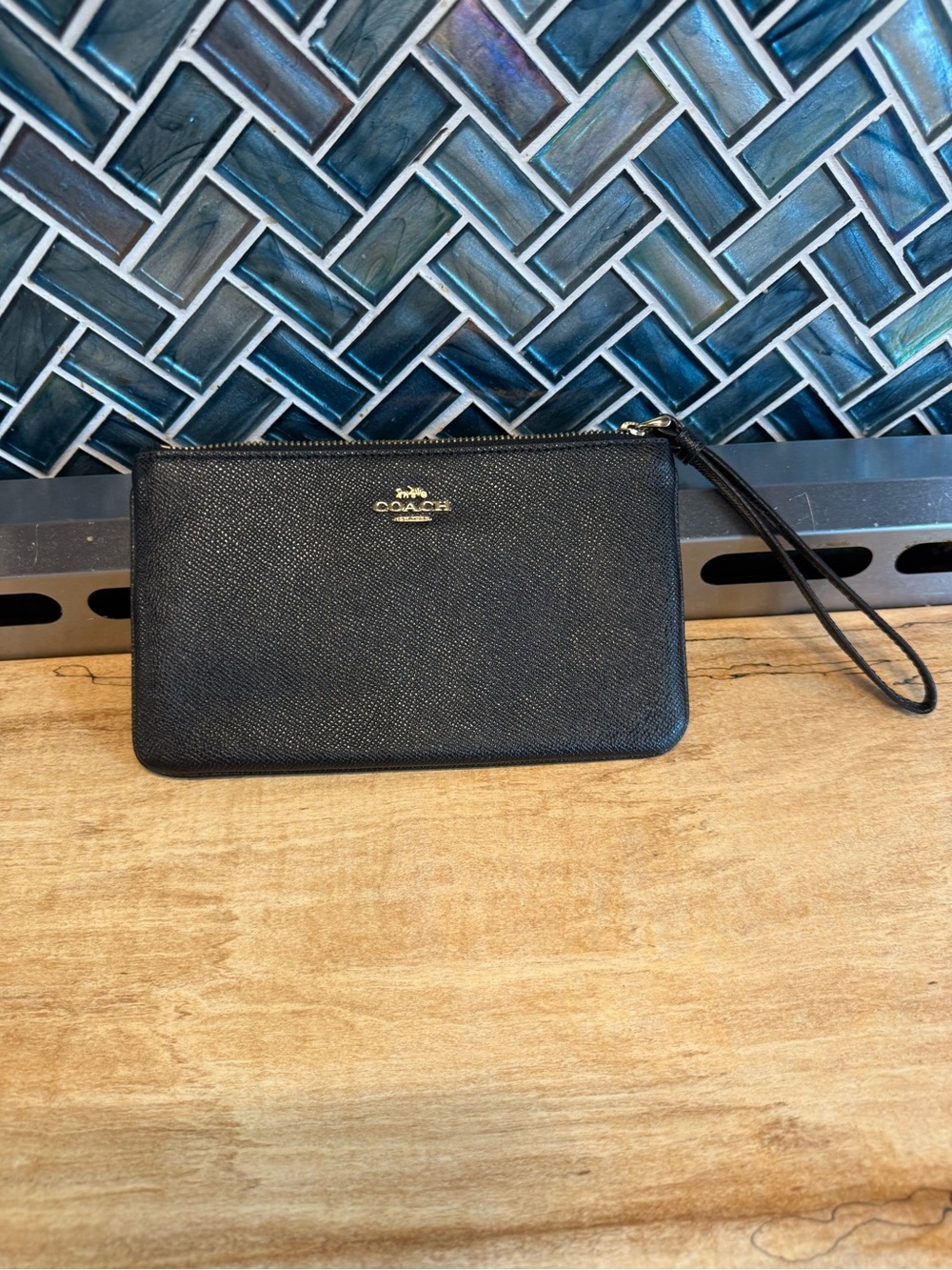 Coach Black Leather Zip Wristlet with Gold Logo